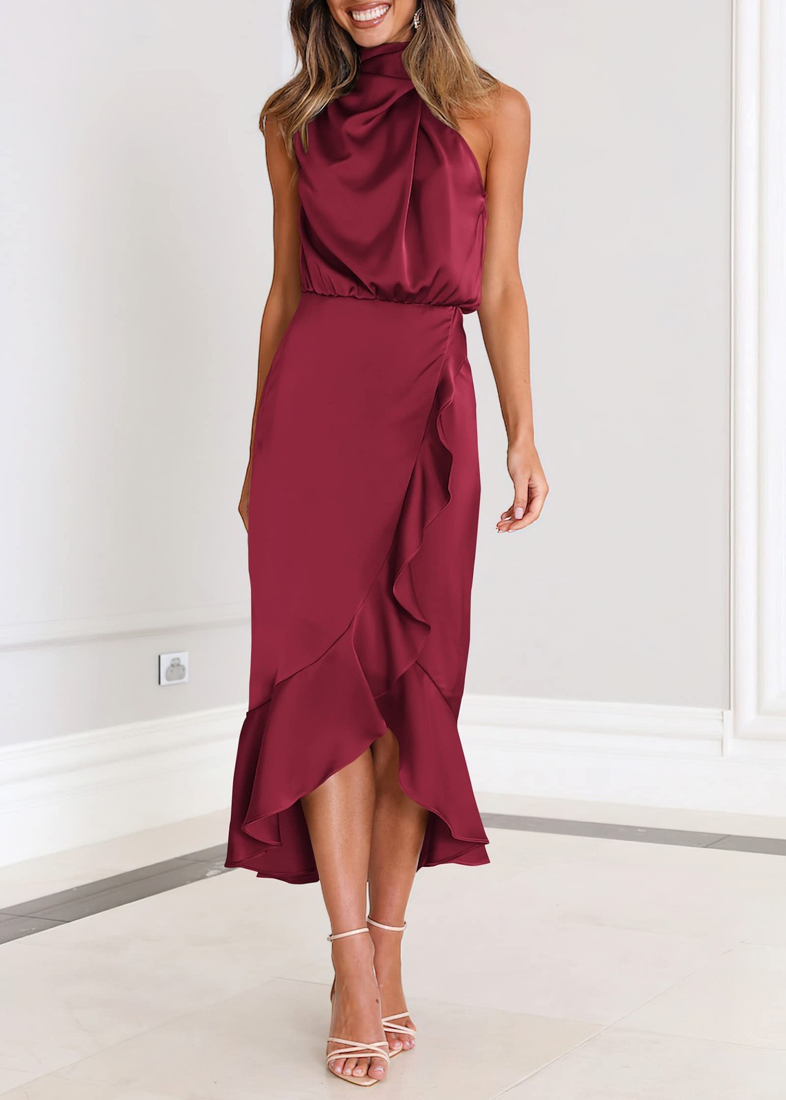 KIRUNDO Women Satin Mock Neck Midi Dress Small Wine Red Ruffle Hem 2026 SMALL