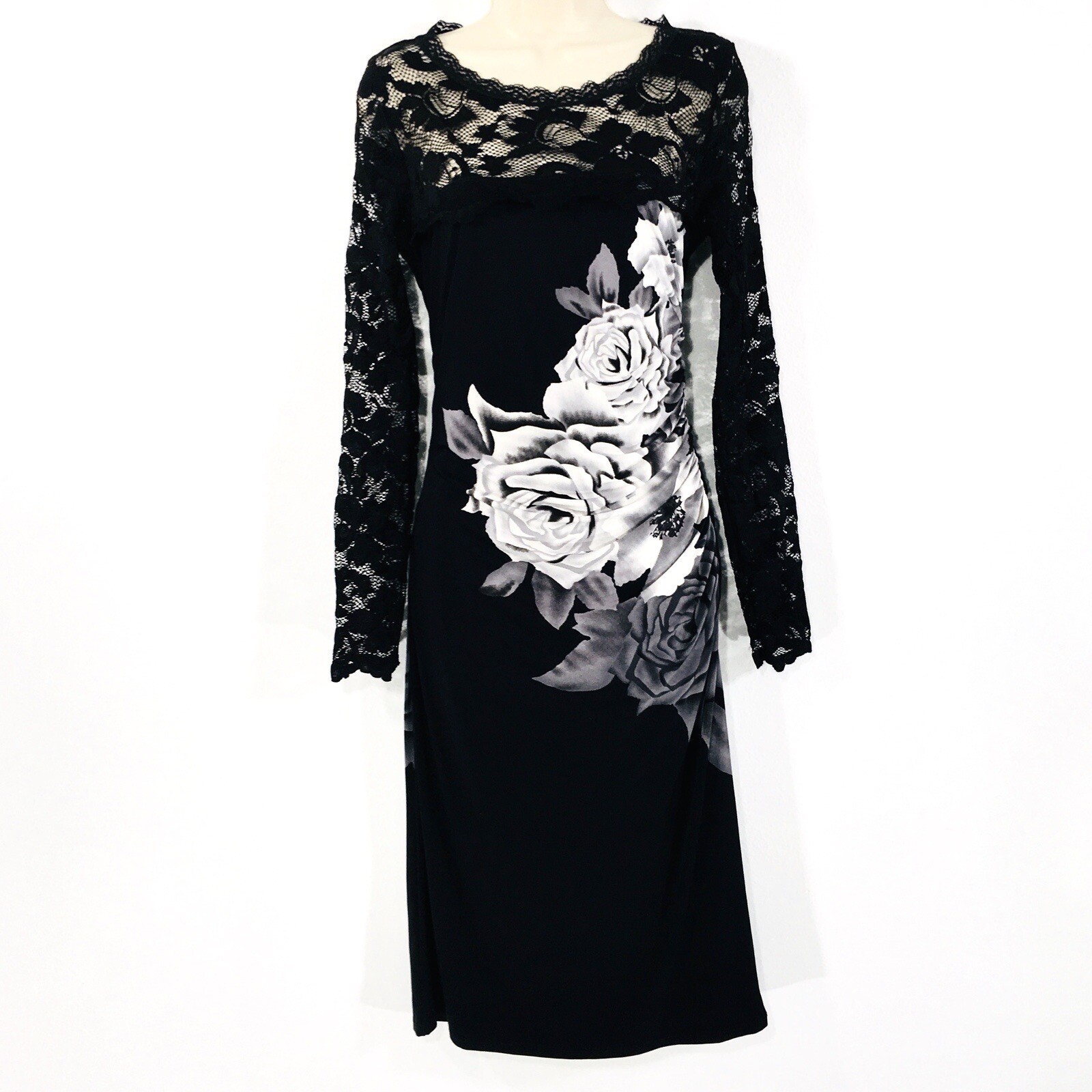 Phase Eight Black Silky Jersey & Lace Ruched Midi Dress Sz 14 Fairy Whimsy Goth