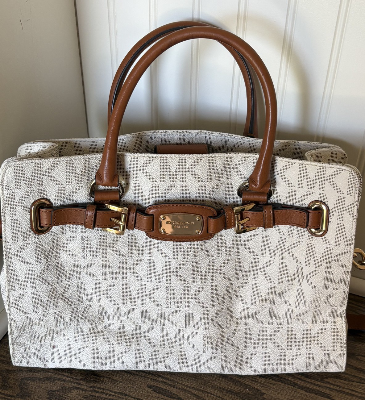 Michael Kors Cream Monogram Satchel Top Handle with Strap Excellent Condition!