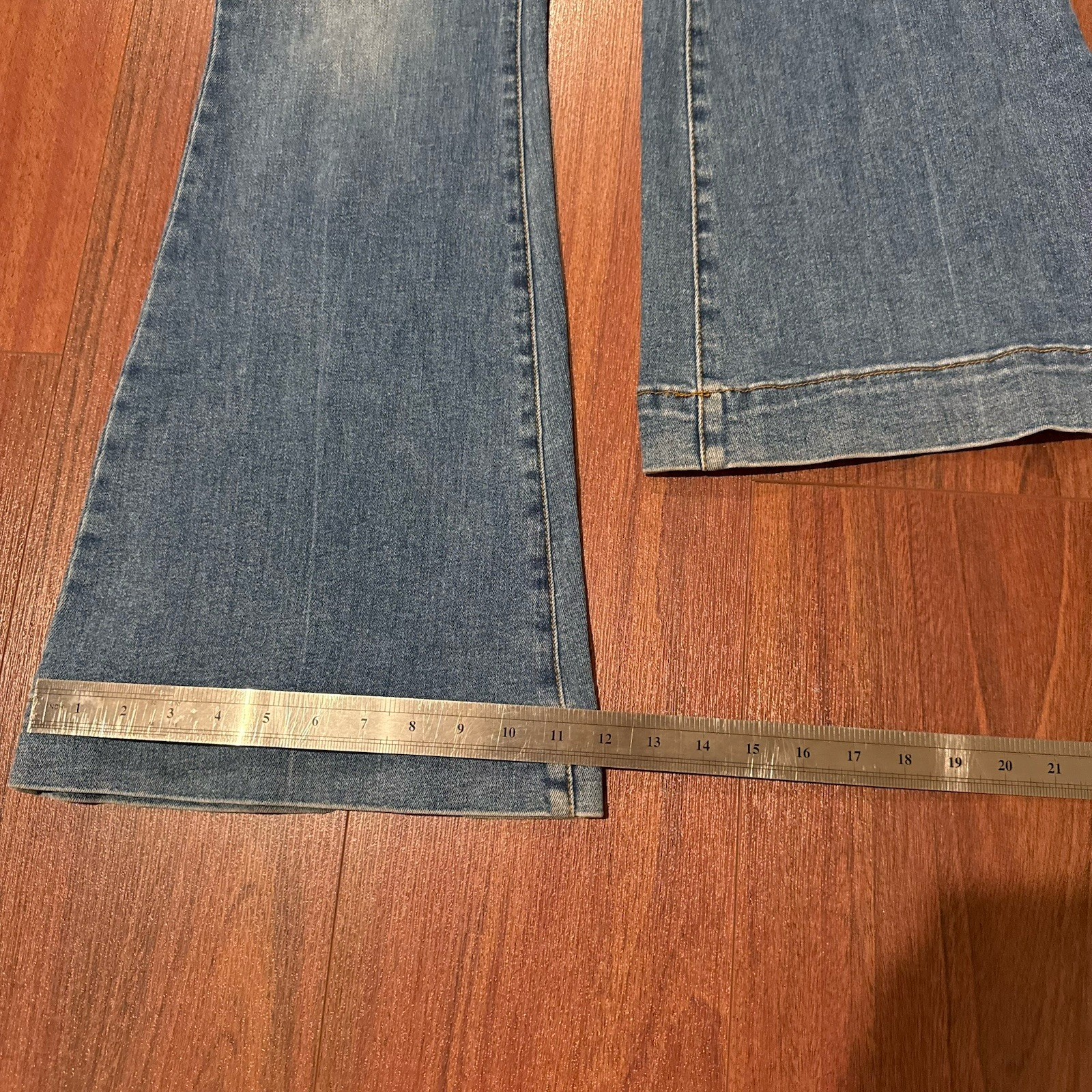 Risen Jeans High Rise Front Slit Frayed Flare Distressed Blue Denim Sz 11/30