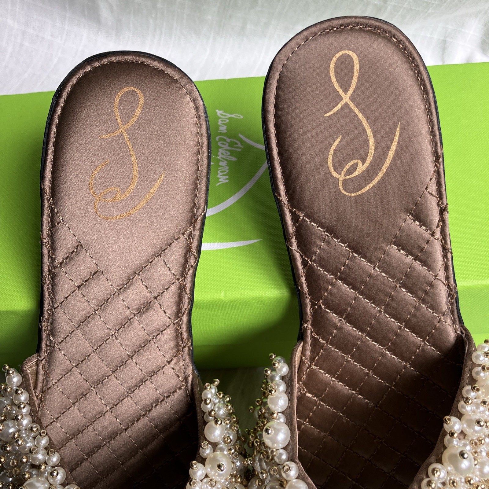 Sam Edelman Toffee Pearl Embellished Quilted Elijah Slide Sandals Size 8 gold