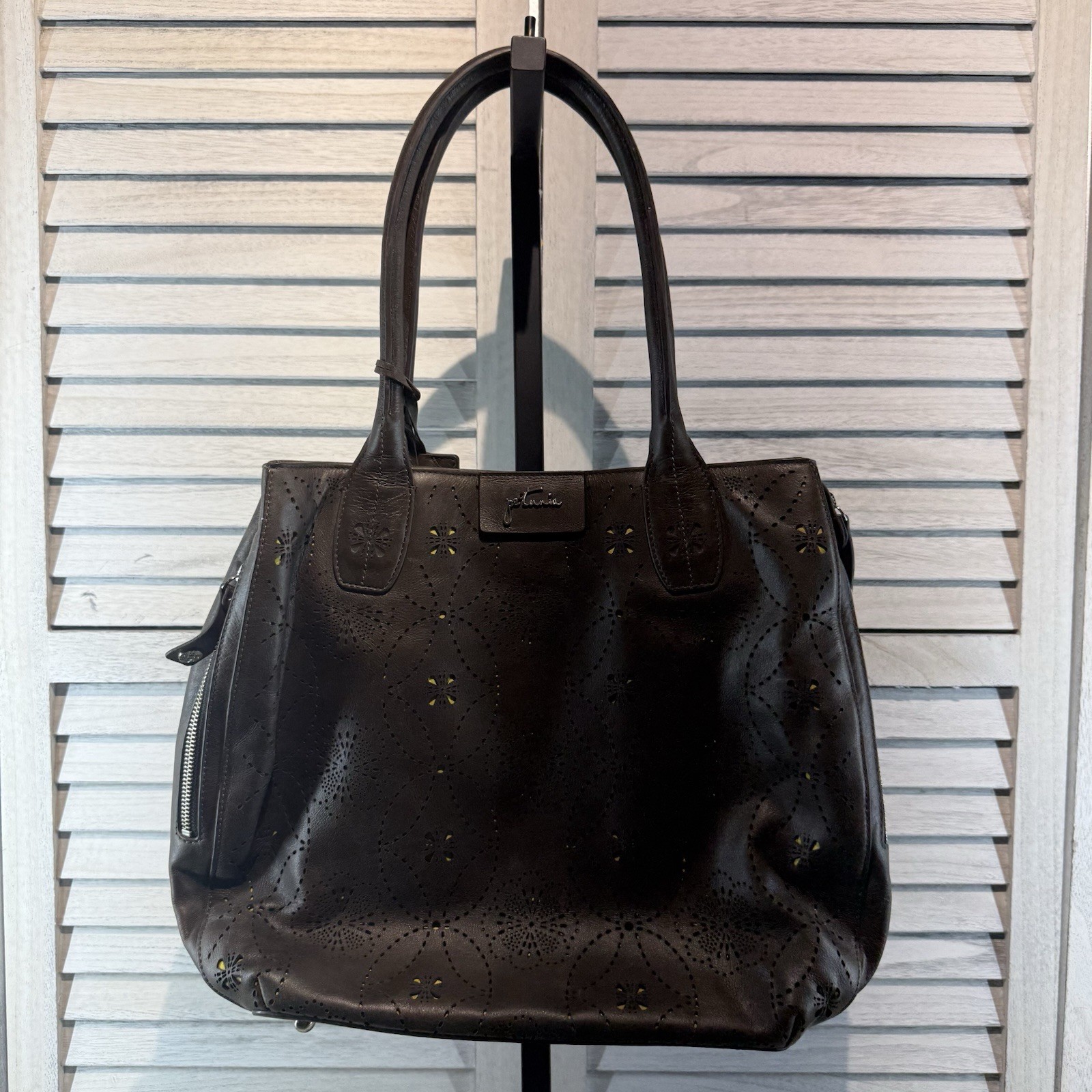 Petunia Pickle Bottom Brown Leather And Sepia Tote Handbag Purse Cutout Floral