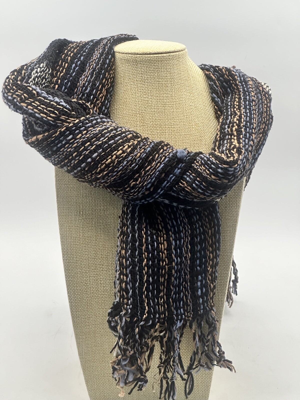 Hand Woven Scarf Hemp Open Weave Blue Tan Black & White