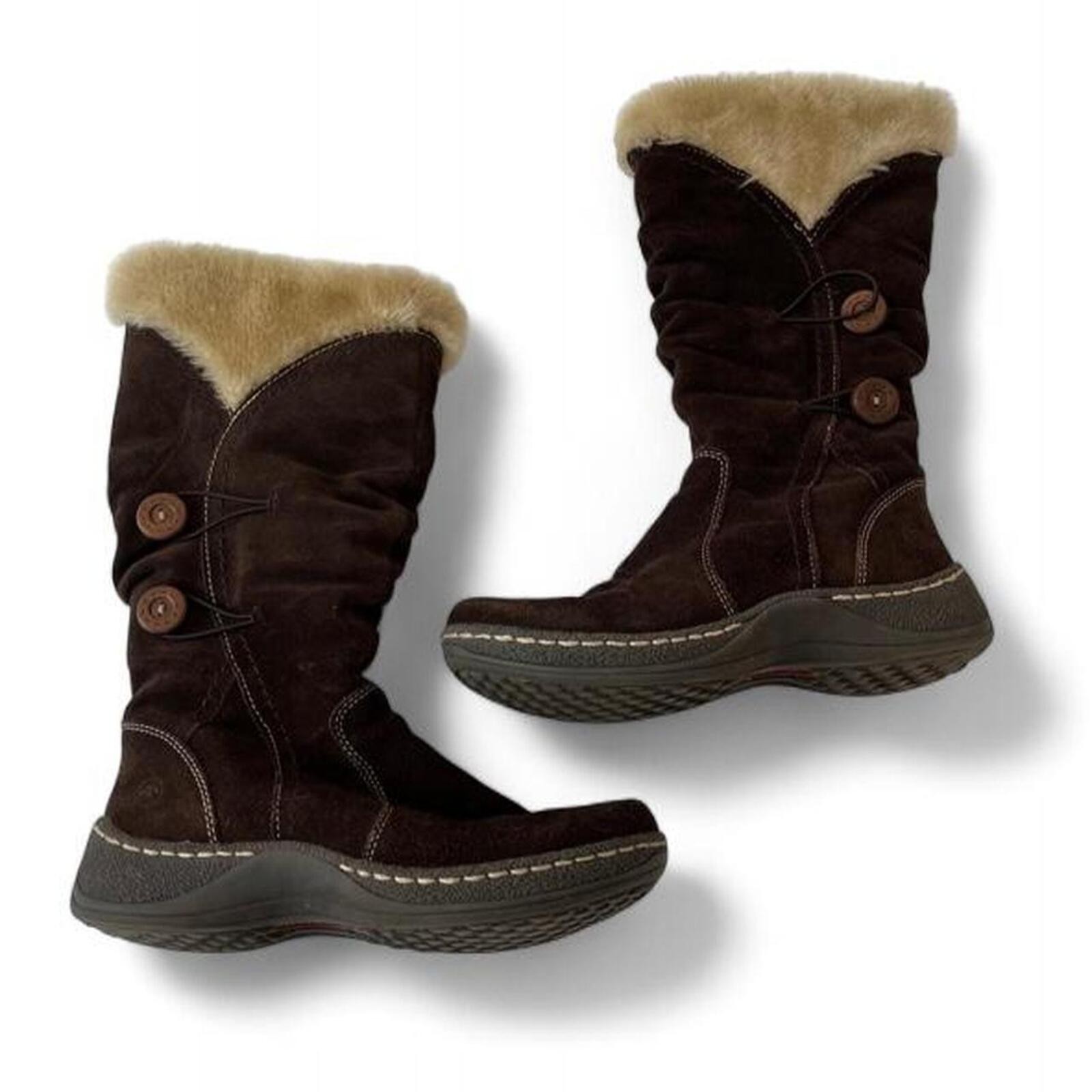 BareTraps Esha Brown Leather Faux Fur-Lined Mid-Calf Boots Y2K/2000s Button