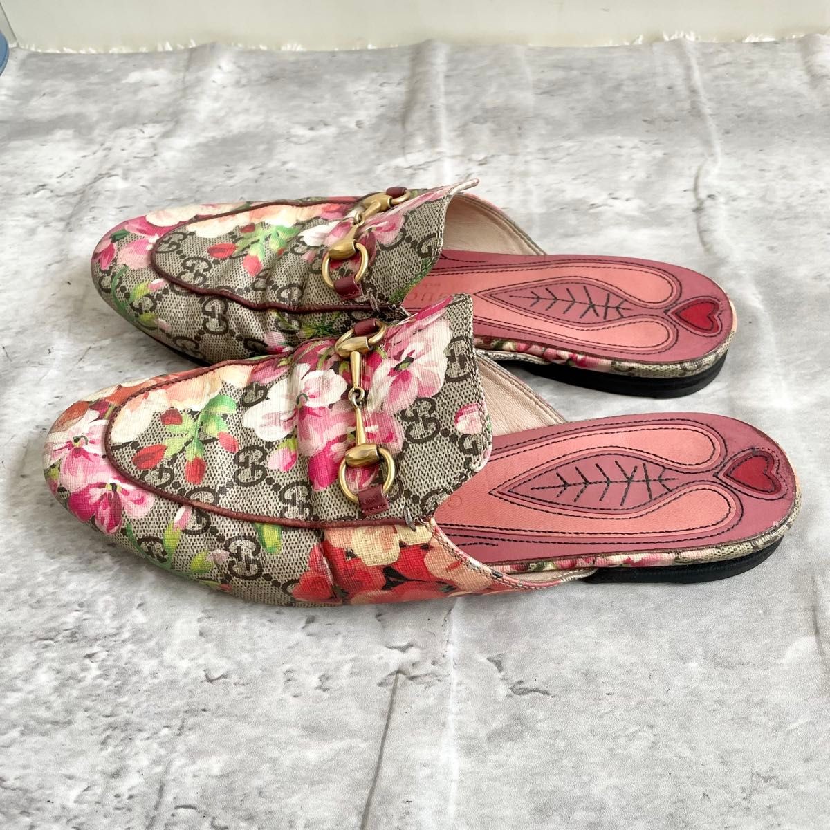 GUCCI GG Blooms Mules Sandals Pink Flower Horsebit Size EU 38 / US 8 Used