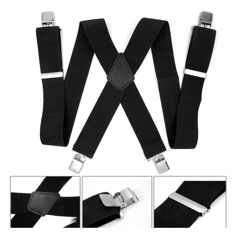 Mens Braces Suspenders Black Extended 50mm Adult Men’s 4-clip X-strap