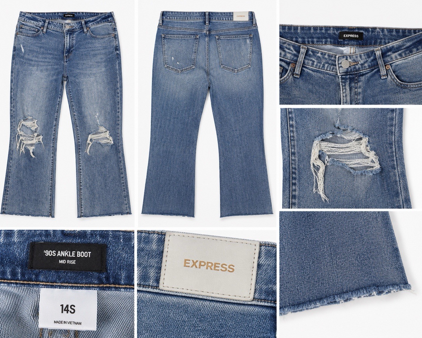 Express ‘90s Ankle Boot Mid Rise Distressed Jeans Women’s 14S Light Wash Raw Hem