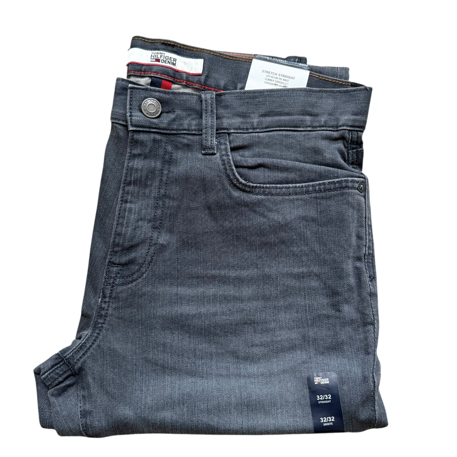 NWT Tommy Hilfiger Denim Men’s Dark Grey Stretch Straight Jeans Slightly Stiff
