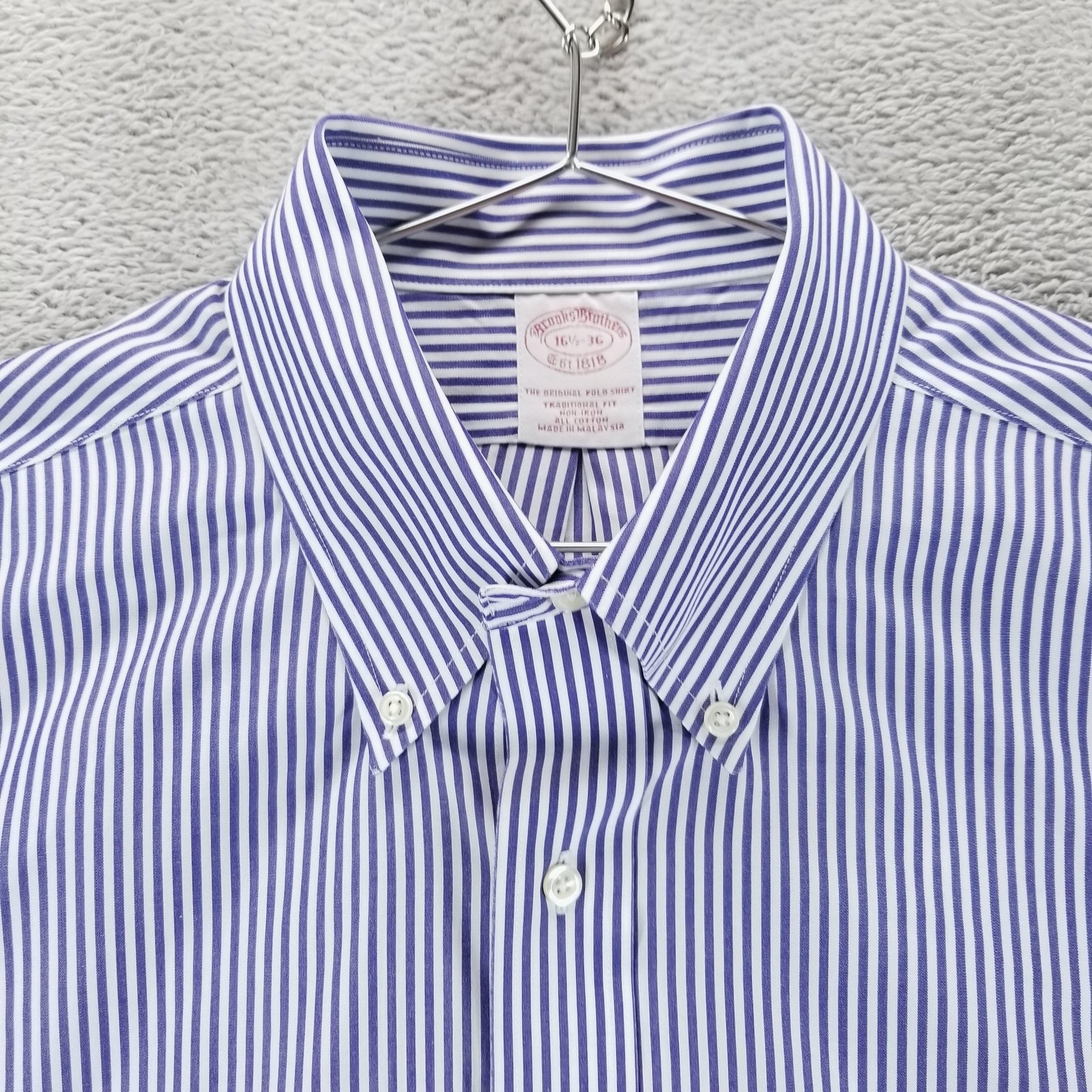 Brooks Brothers Shirt Mens 16.5 36 Blue Striped Original Polo Non Iron Cotton