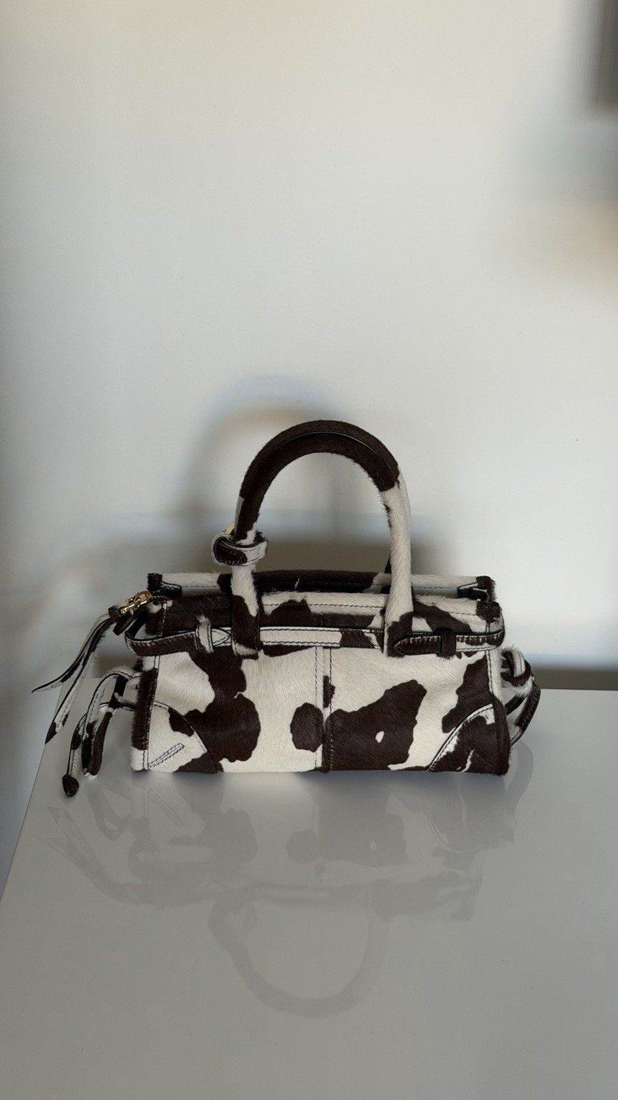 PRADA Cow Print Satchel Top Handle Bag w/ Detachable Adjustable Strap Zip