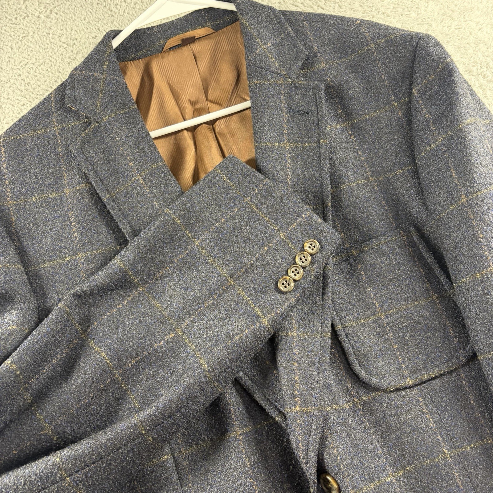 Kroon Wool Blazer Mens 44L Blue Plaid Windowpane Sport Coat Jacket Tweed Pattern