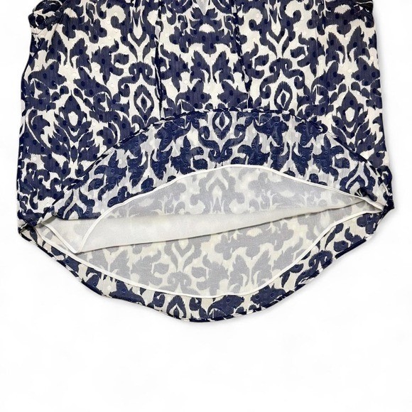 Navy Blue White Damask Ikat Clip Dot Sleeveless Blouse Ruffle V-Neck Top