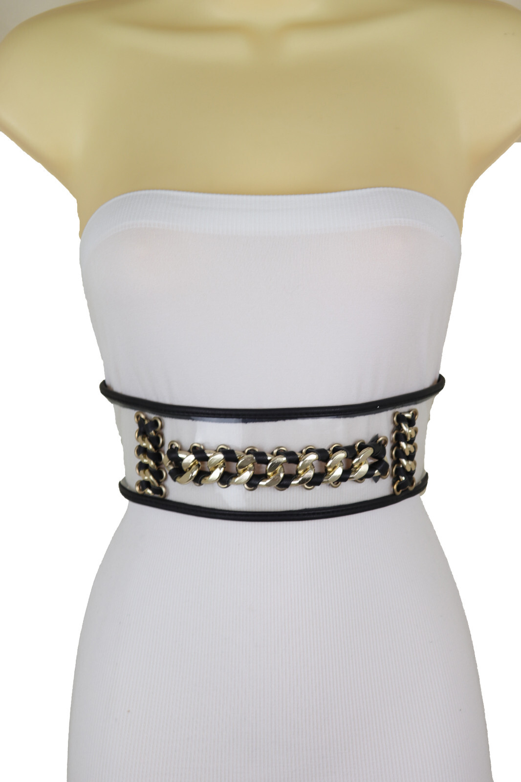 Women Black Elastic Wide Waistband Miami Beach Sexy Belt Gold Metal Chain XS S