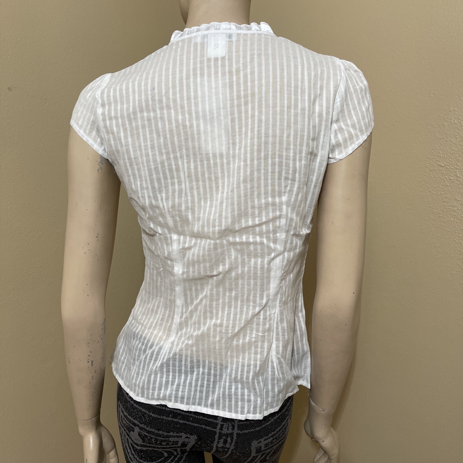 Women’s White Cotton Casual Sheer Striped Lace Satin Buttons Size L Blouse Top