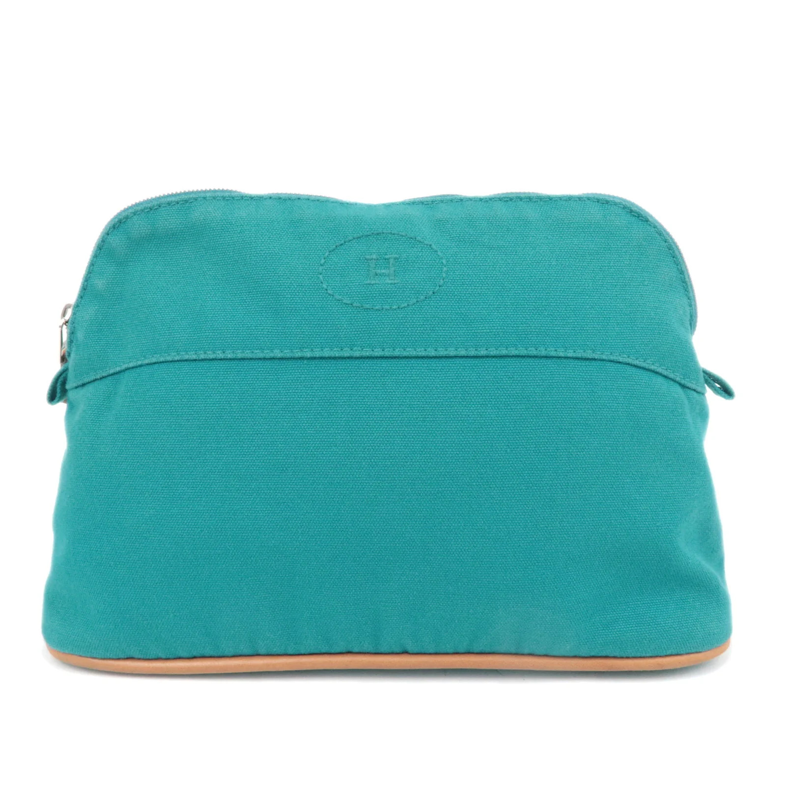 HERMES Bolide Pouch MM Canvas Cosmetic Pouch Emerald Green Orange Authentic