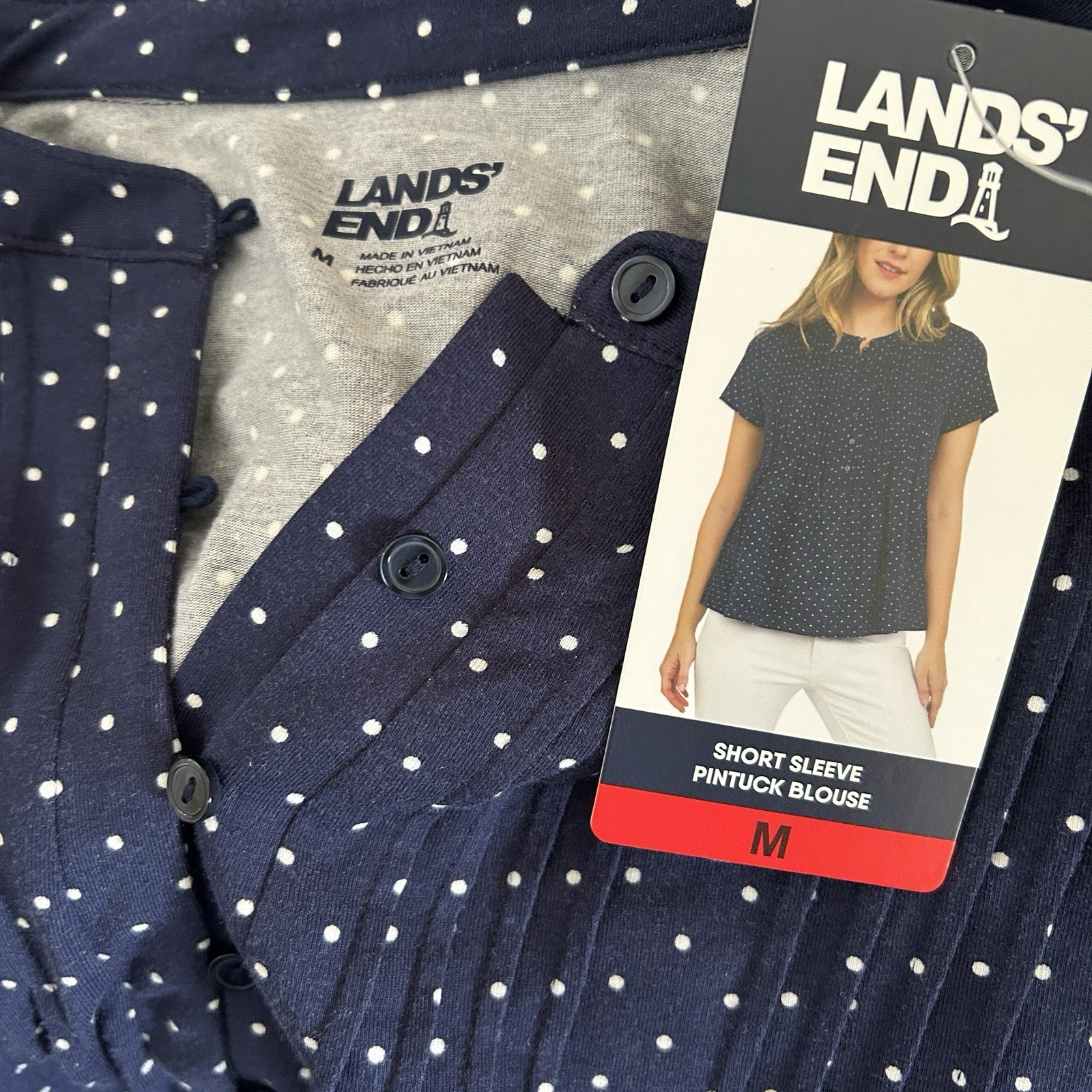 Lands’ End Women’s Navy Polka Dot Pintuck Knit Henley Top, Short Sleeve, Size M.
