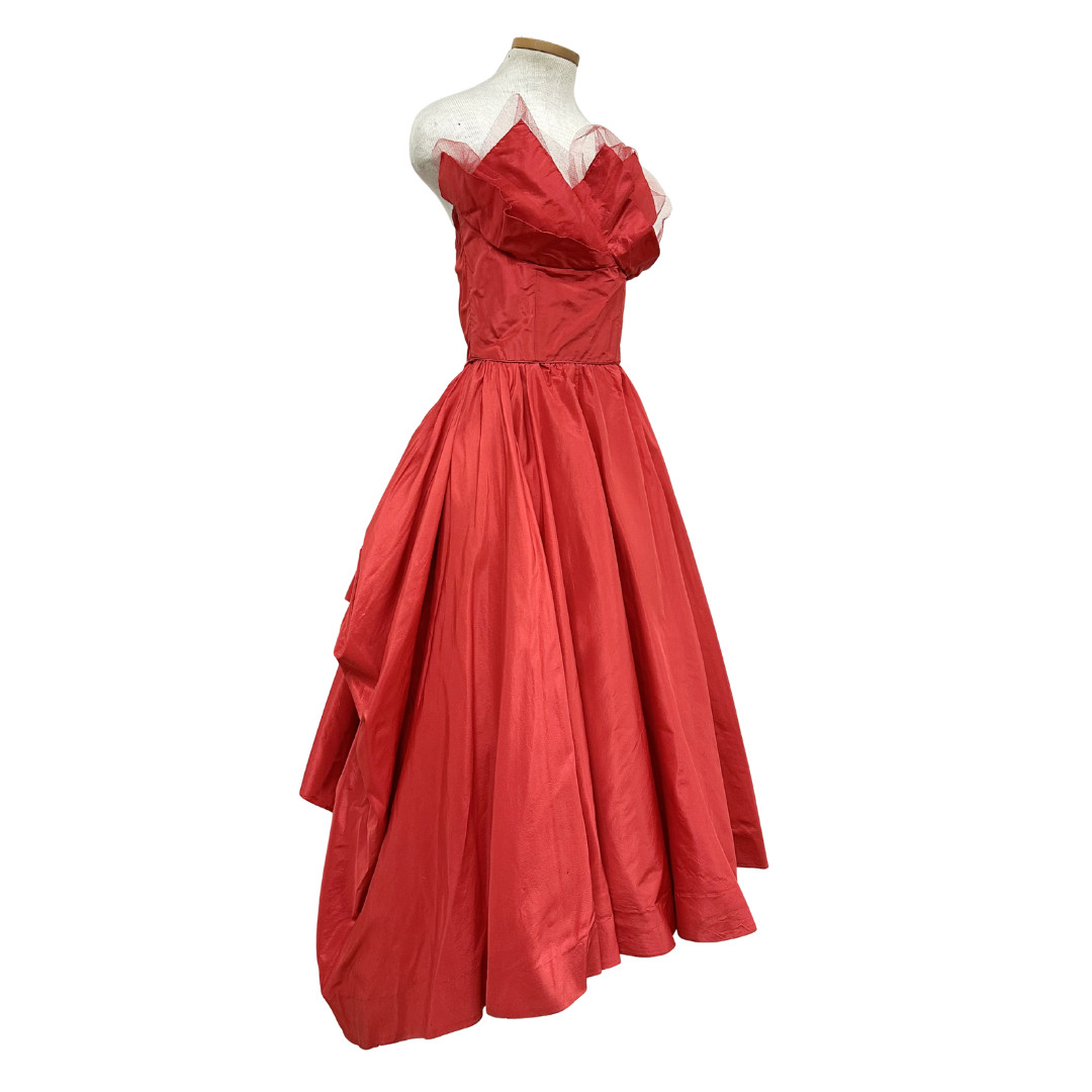 Vintage 1950s Ceil Chapman Red Taffeta Draped Bustle Pointed Bust Dress