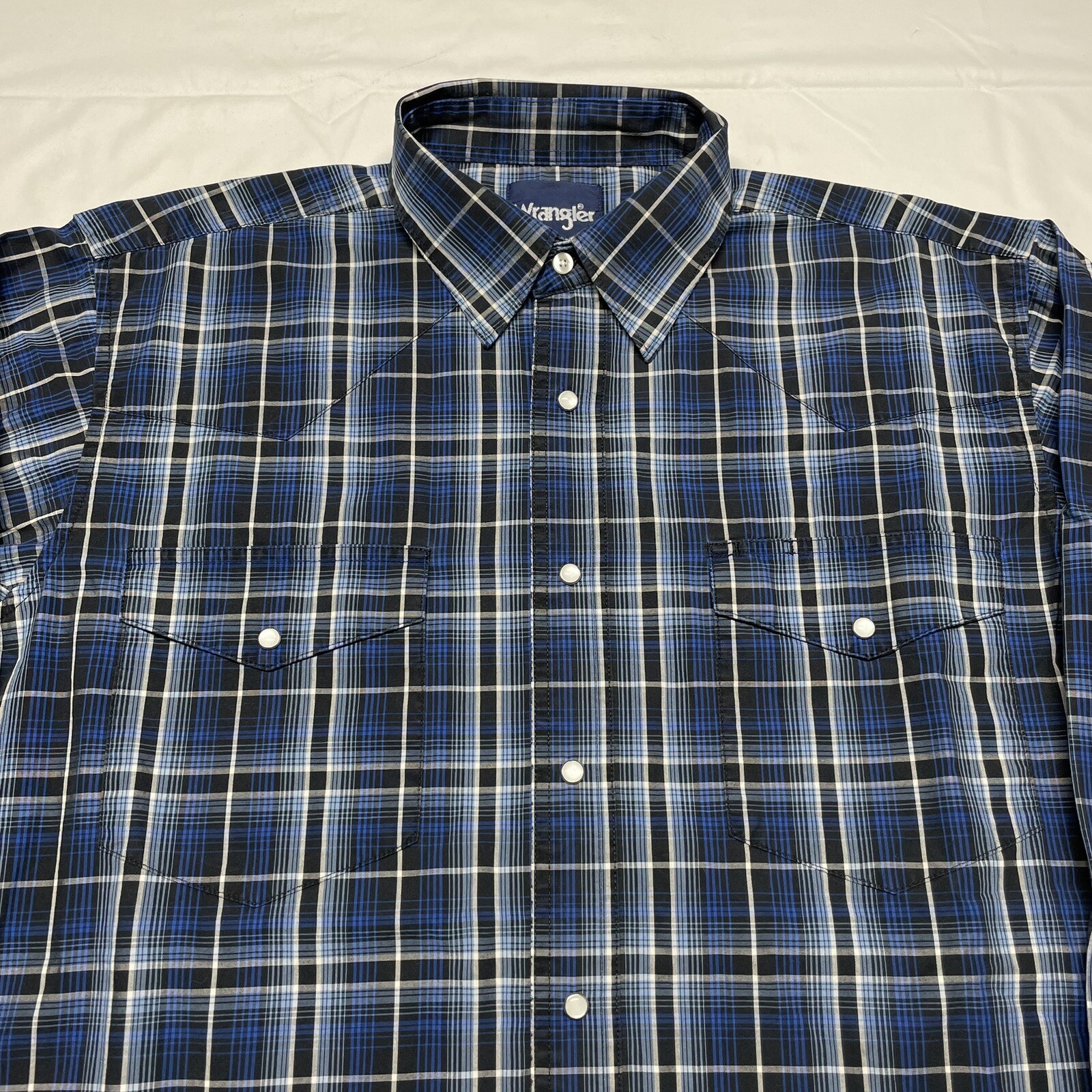 Vintage 90s Wrangler Plaid Button Up Shirt Mens Large Blue White Western Hipster