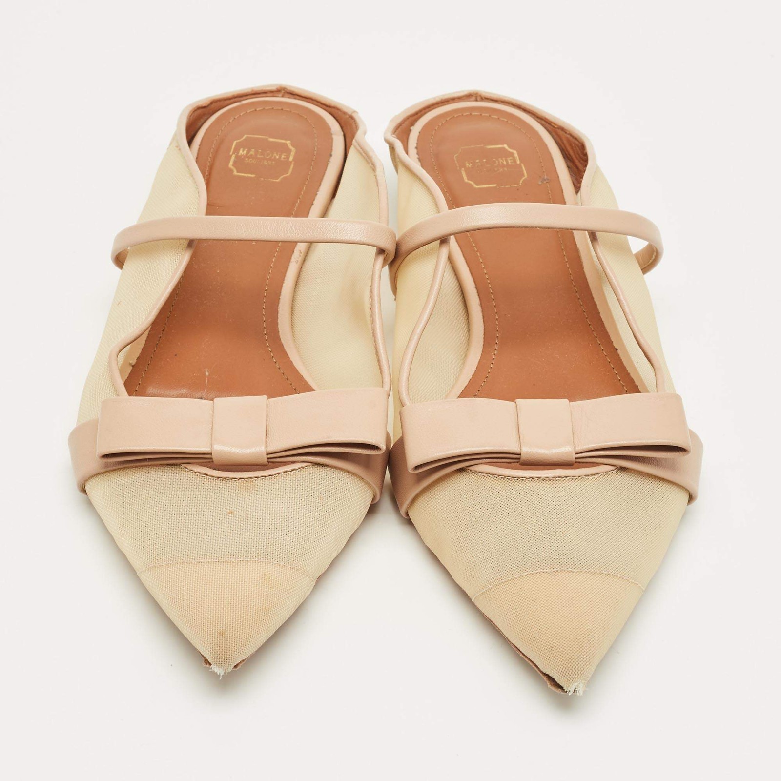 Malone Souliers BeigeCream Mesh and Leather Maureen Pointed Toe Flat Mules Size