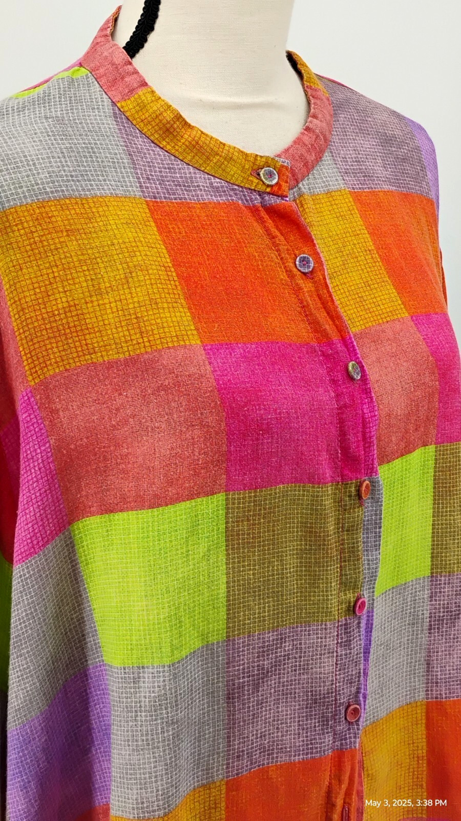 Buykud Irregular Plaid 100% Ramie Button Blouse Shirt Colorful Long Sleeve XL