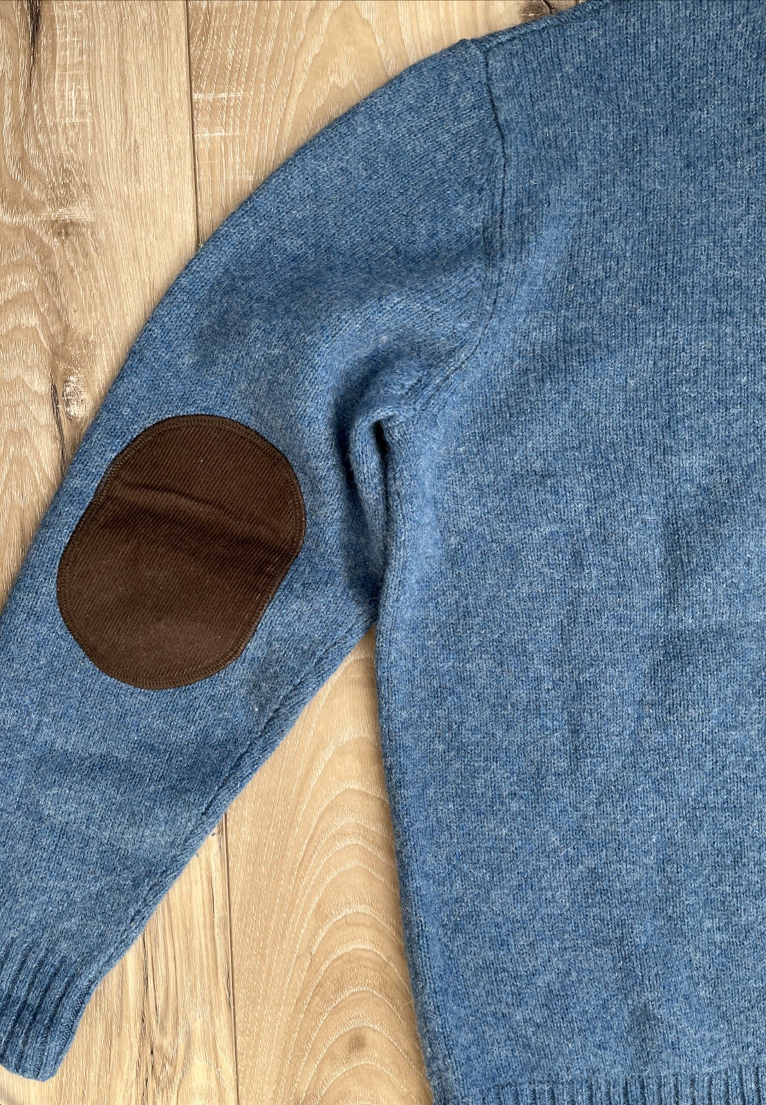 LL Bean Mens 100% Wool Shetland Sweater 1/4 Zip Pullover Elbow Patch Blue Size L