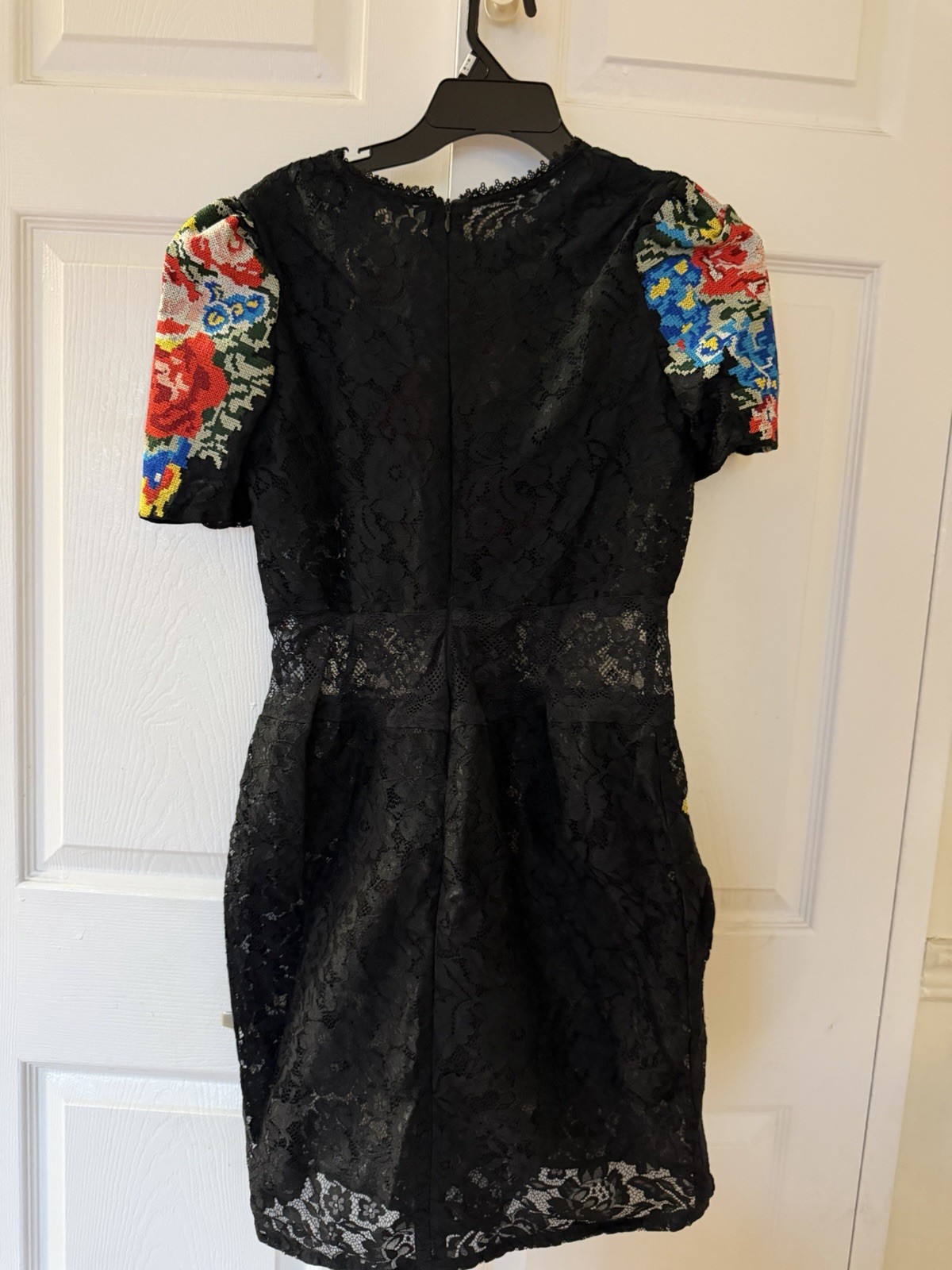 Black Lace Mini Dress with Multicolor Floral Embroidery