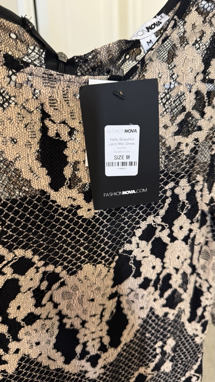 Fashion Nova Black/Beige Floral Lace Sheer Bodycon Midi Dress M Zip Round Neck