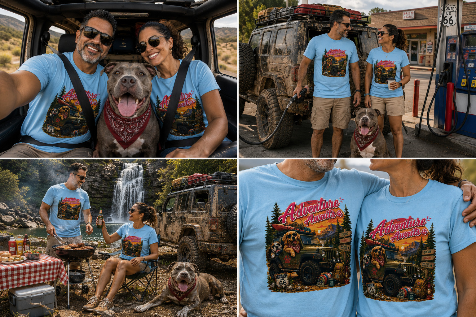 Adventure Awaits Jeep Dog Camping Couple T-Shirt Outdoor Road Trip Gift Tee