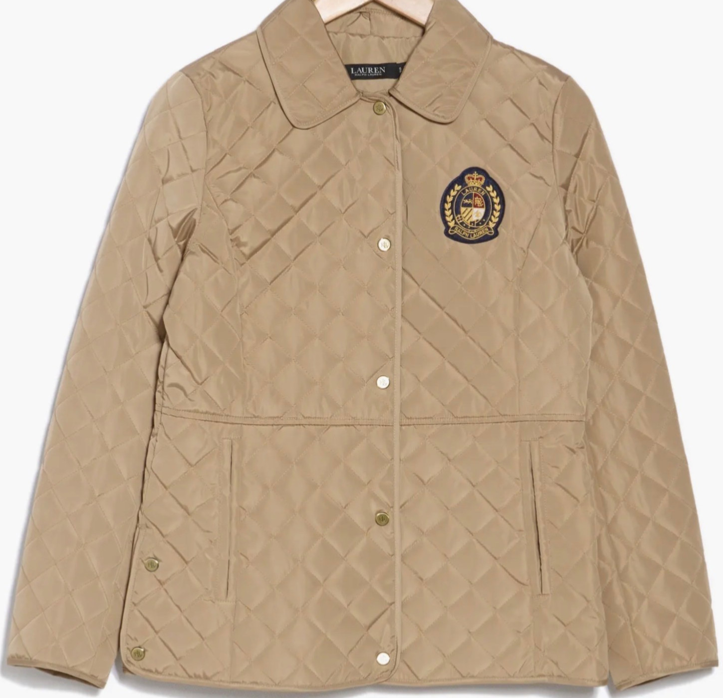 Lauren Ralph Lauren Crest Patch Quilted Jacket Birch Tan Beige Sz M wmns NWT