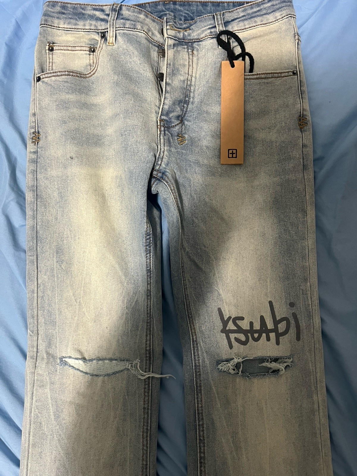 Ksubi Men’s Skinny Slim Fit Light Wash Blue Distressed Denim Jeans 5-Pocket