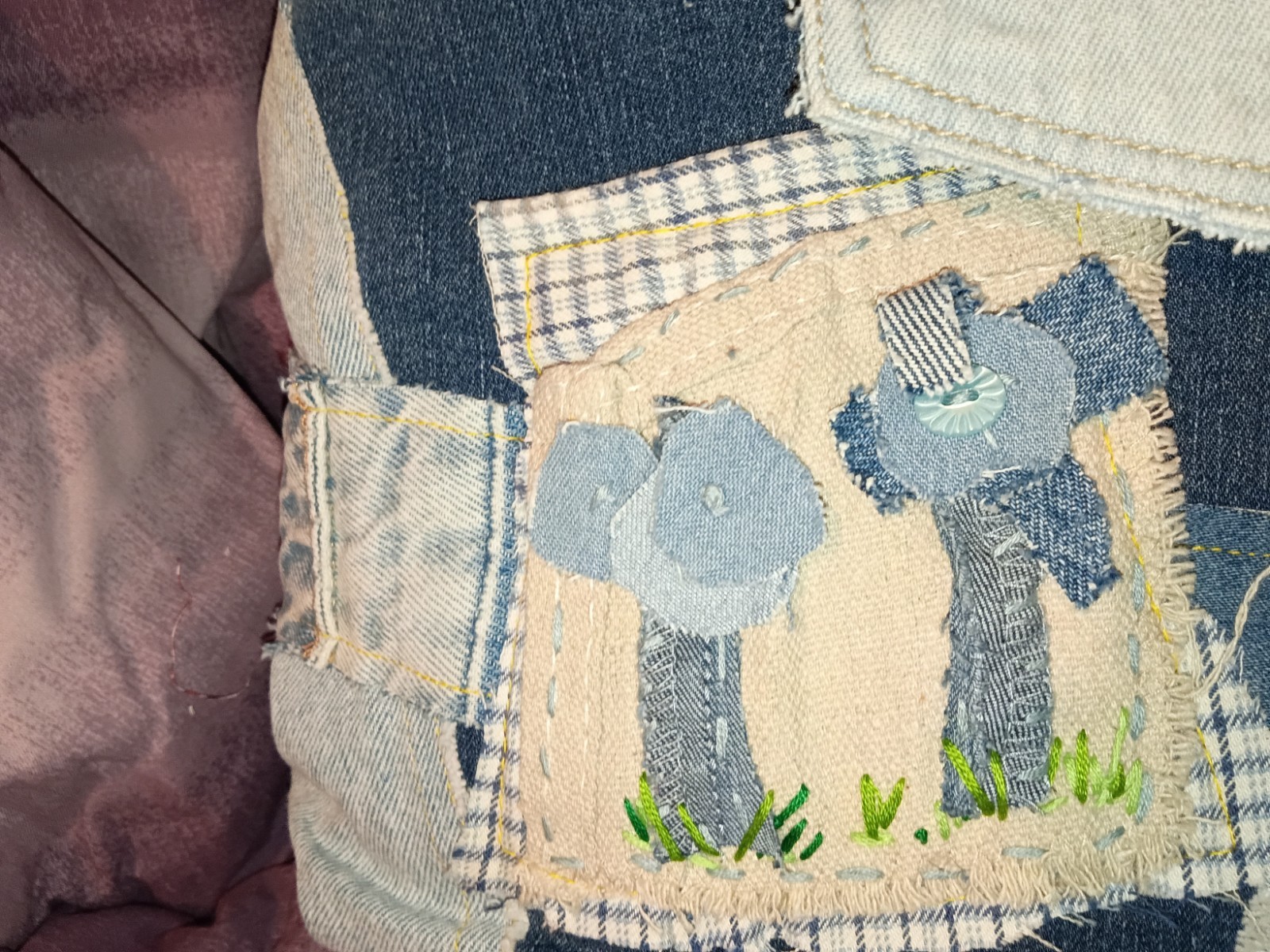 Handmade Denim Shoulder Patchwork Embroidered Lined Pockets Blue