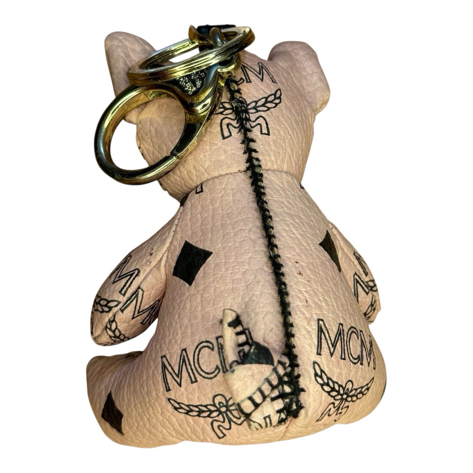MCM Pink Leather Pig Key Chain Bag Charm Clip, Logo Pattern, Gold Tone
