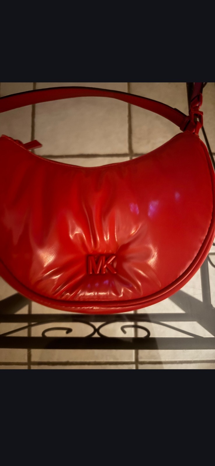 Michael Kors Red Crescent Shoulder Bag, Zip, Logo, Detachable Adjustable Strap