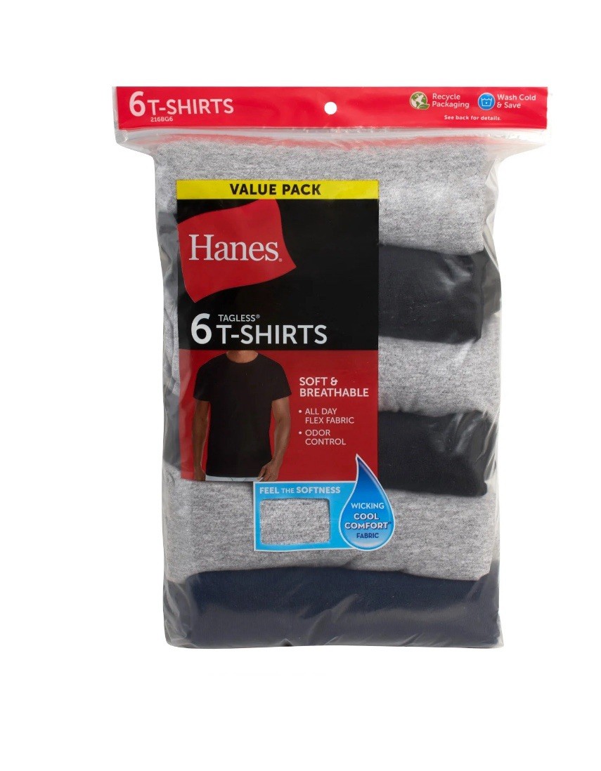 Hanes Men’s Value Pack Assorted Crew T-Shirt Undershirts 6 Pack Size Smal 34-36”