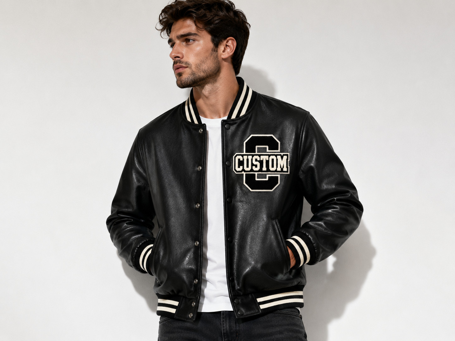 Men’s Black Varsity Jacket Letterman Bomber Coat Custom VELOCITY XS-5XL
