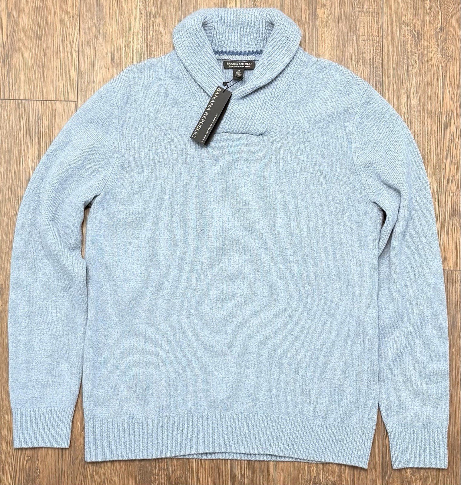 NWT Banana Republic 100% Merino Wool Shawl Collar Sweater Mens M Blue Italy