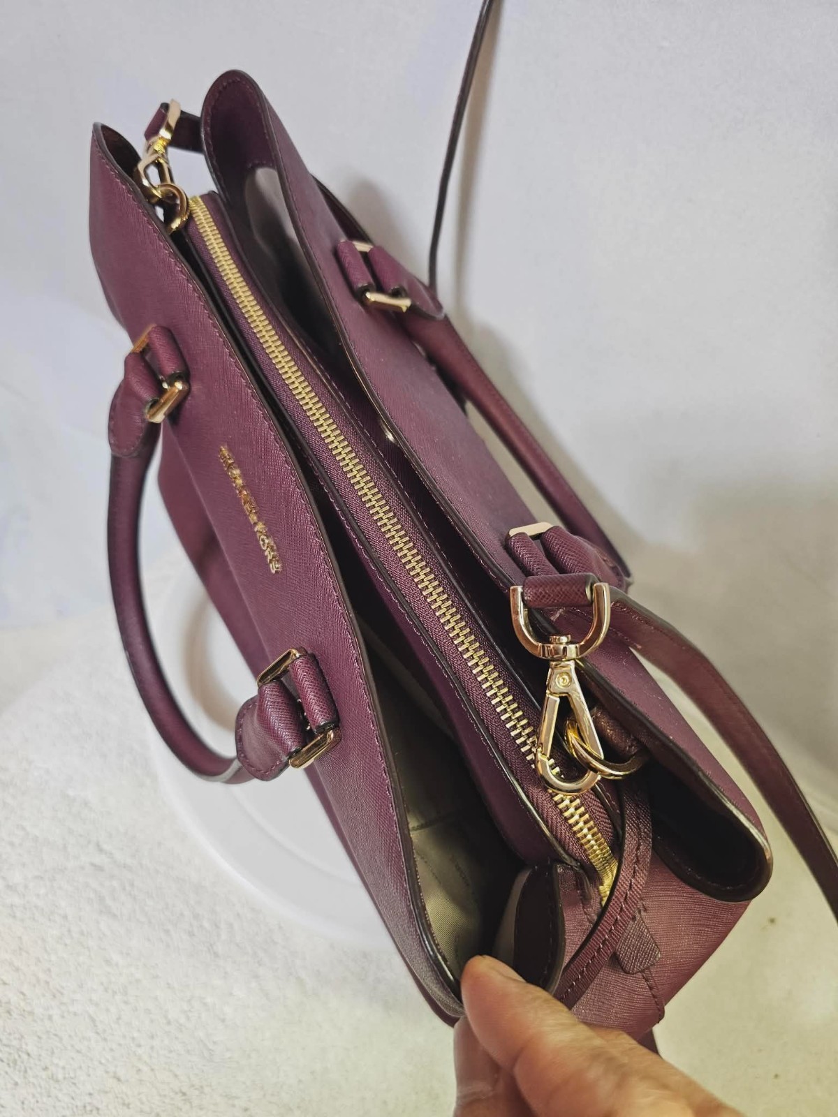 Michael Kors Savannah Large Satchel Burgundy Saffiano Leather Crossbody Bag Gold