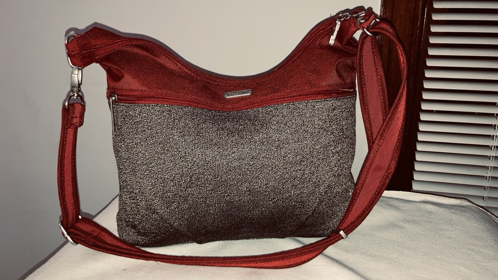 Baggallini SecurTex Anti Theft Half Moon Crossbody Red & Gray Bag