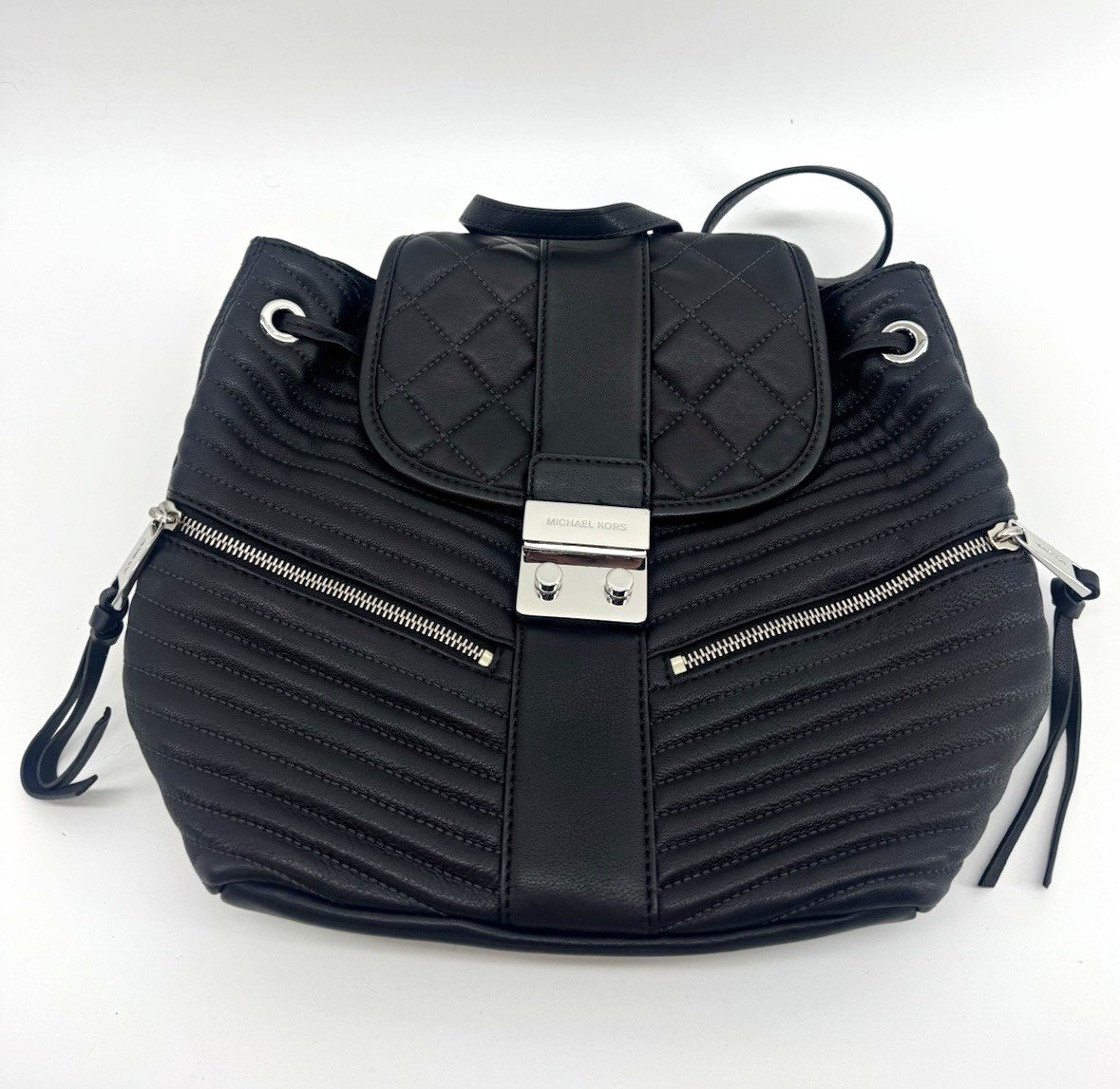 Michael Kors Medium Black Quilted Backpack Drawstring Push Lock Silver Pouch