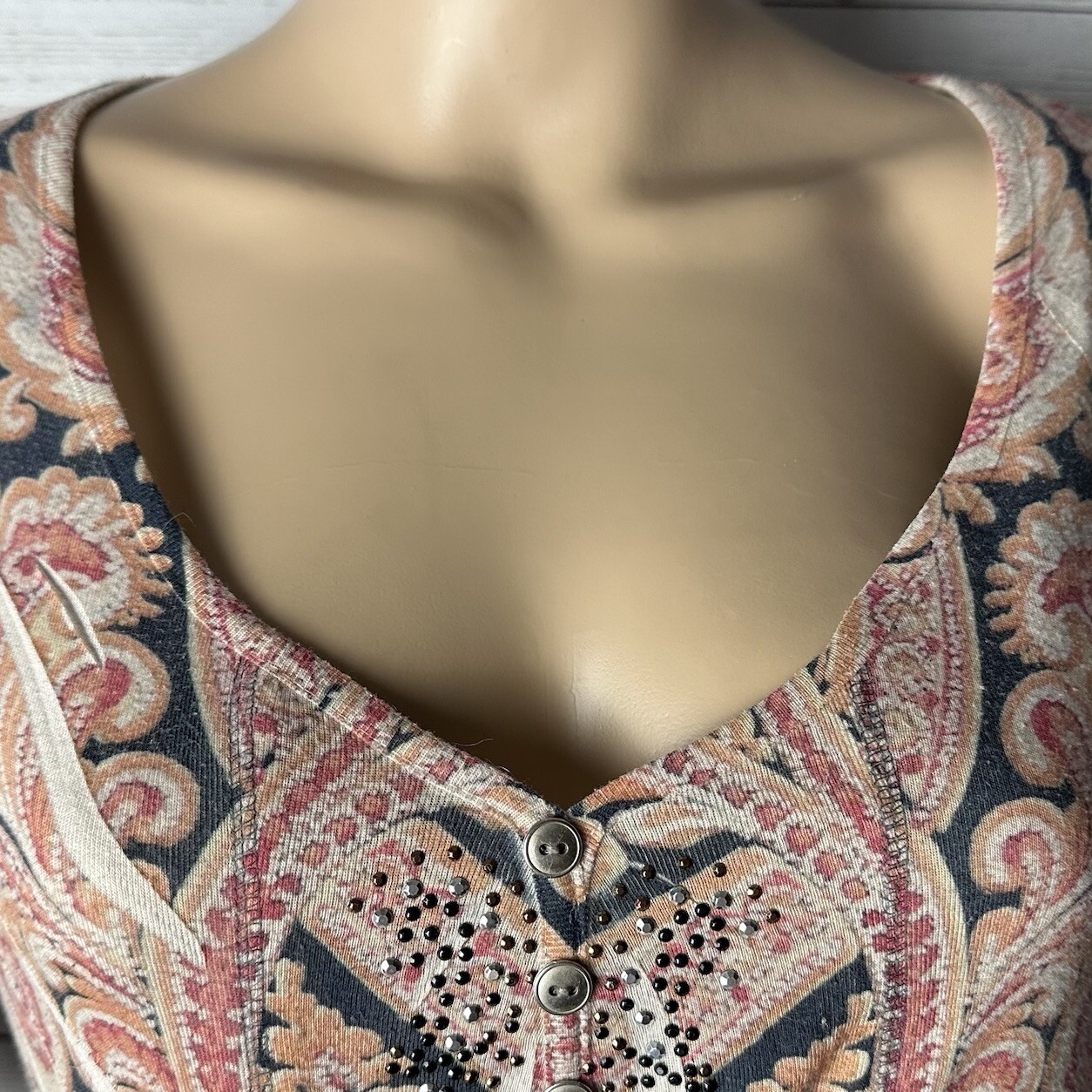 Vintage 90s One World Tunic Large Pink Tan Black Orange Paisley Rhinestone Shirt