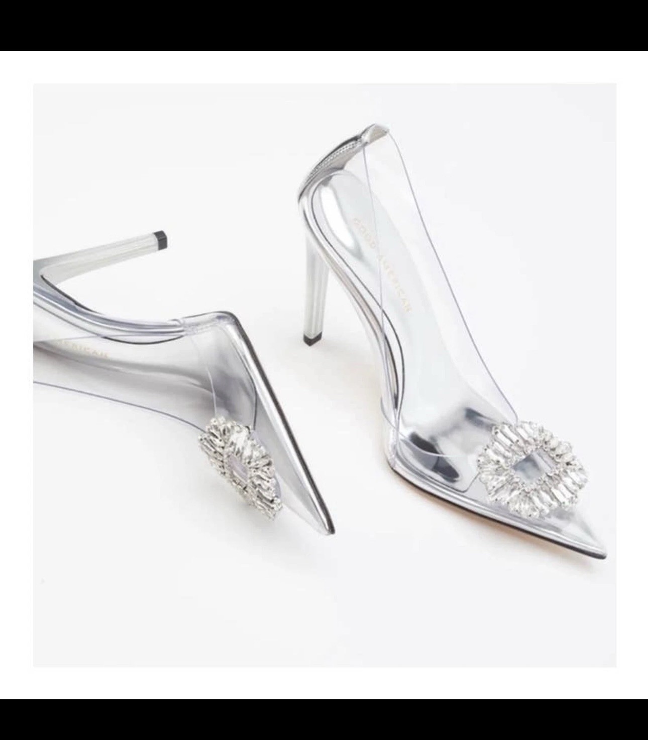 Good American Silver/Clear Leather Rhinestone Pointed Toe Stiletto Pumps 8