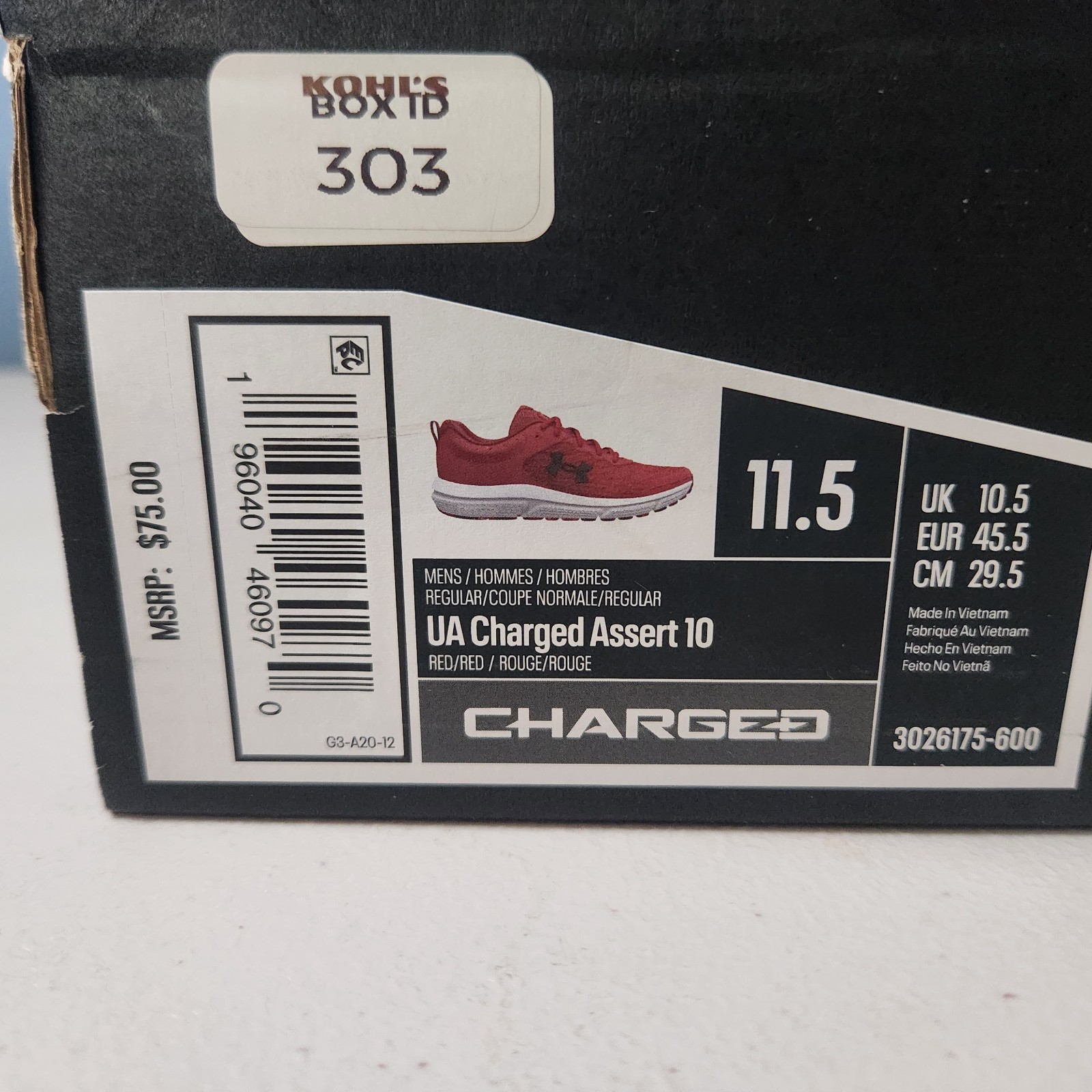 New Under Armour Mens UA Charged Assert 10 Sneakers Size 11.5 Red Running Shoes