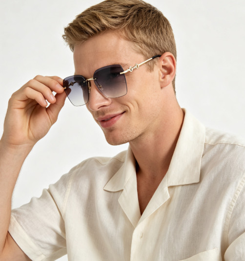Gucci GG1278S Rimless Square Sunglasses Gold Horsebit Grey Gradient 55-19-140