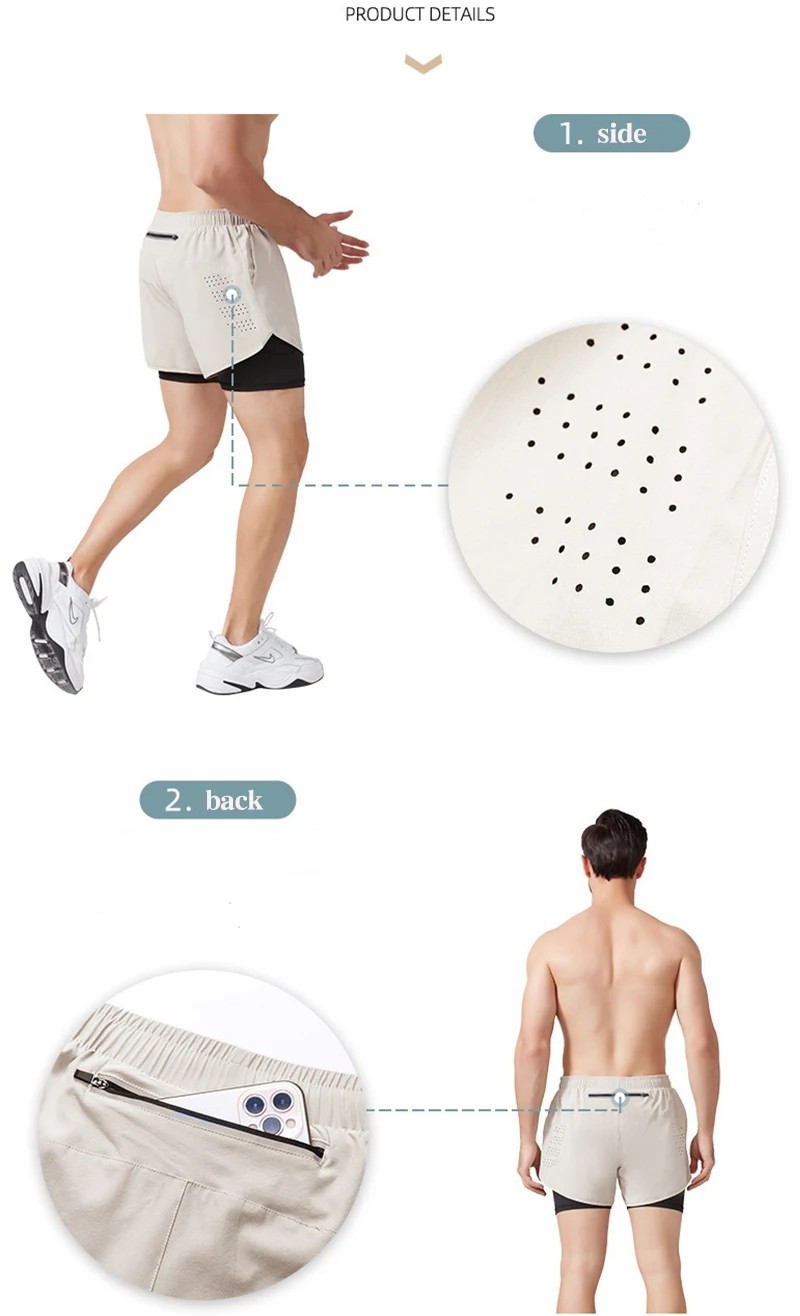 Men’s Fast Dry Running Shorts Double Layer Comfort Zip Pockets Gym Fitness Gift
