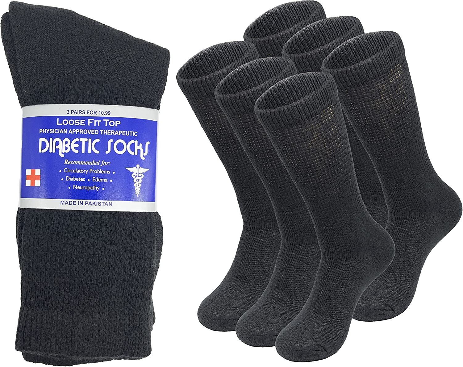 3-12 Pairs Mens Health Circulatory Diabetic Crew Cotton Black Socks Size 9-15