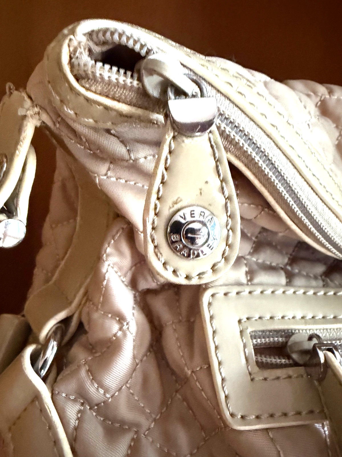 VERA BRADLEY EMMA BEIGE QUILTED NYLON TOP ZIP SHOULDER SATCHEL HANDBAG