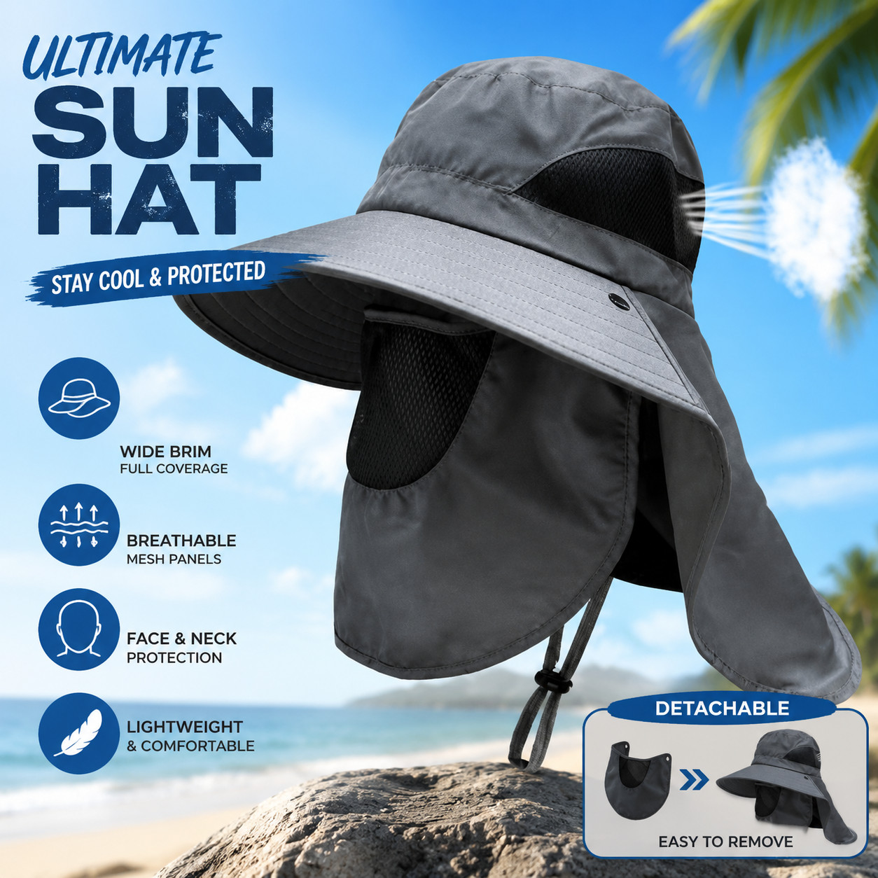 UPF 50+ Outdoor Sun Hat Wide Brim Fishing Hiking Neck Flap UV Bucket Cap