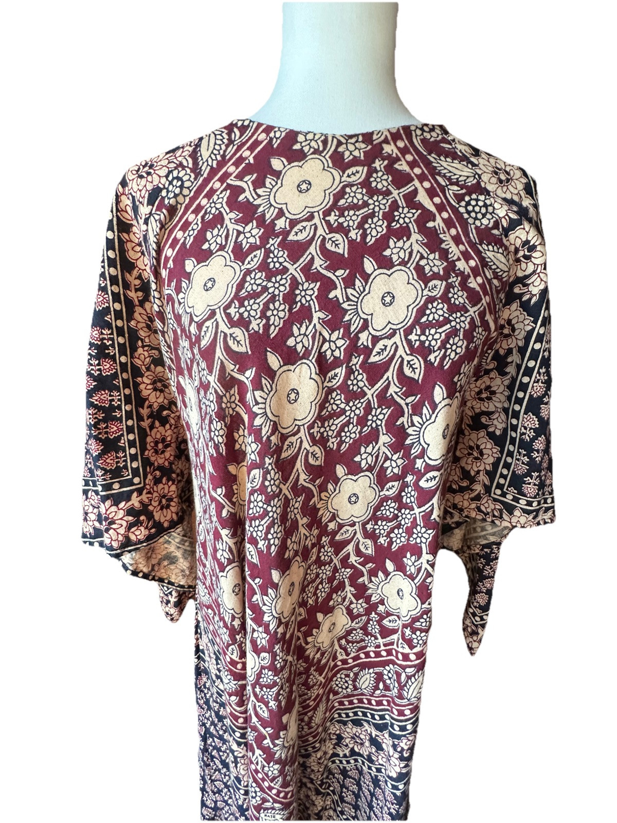 Vtg KAISER Caftan 70s Indian Cotton Floral Print Maxi Dress OS Angel Sleeve GUC