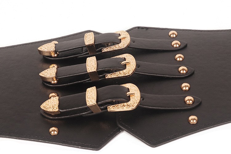 Women Black Wide Faux Leather Belt Elastic Stretch Corset Punk Rivet Waistband
