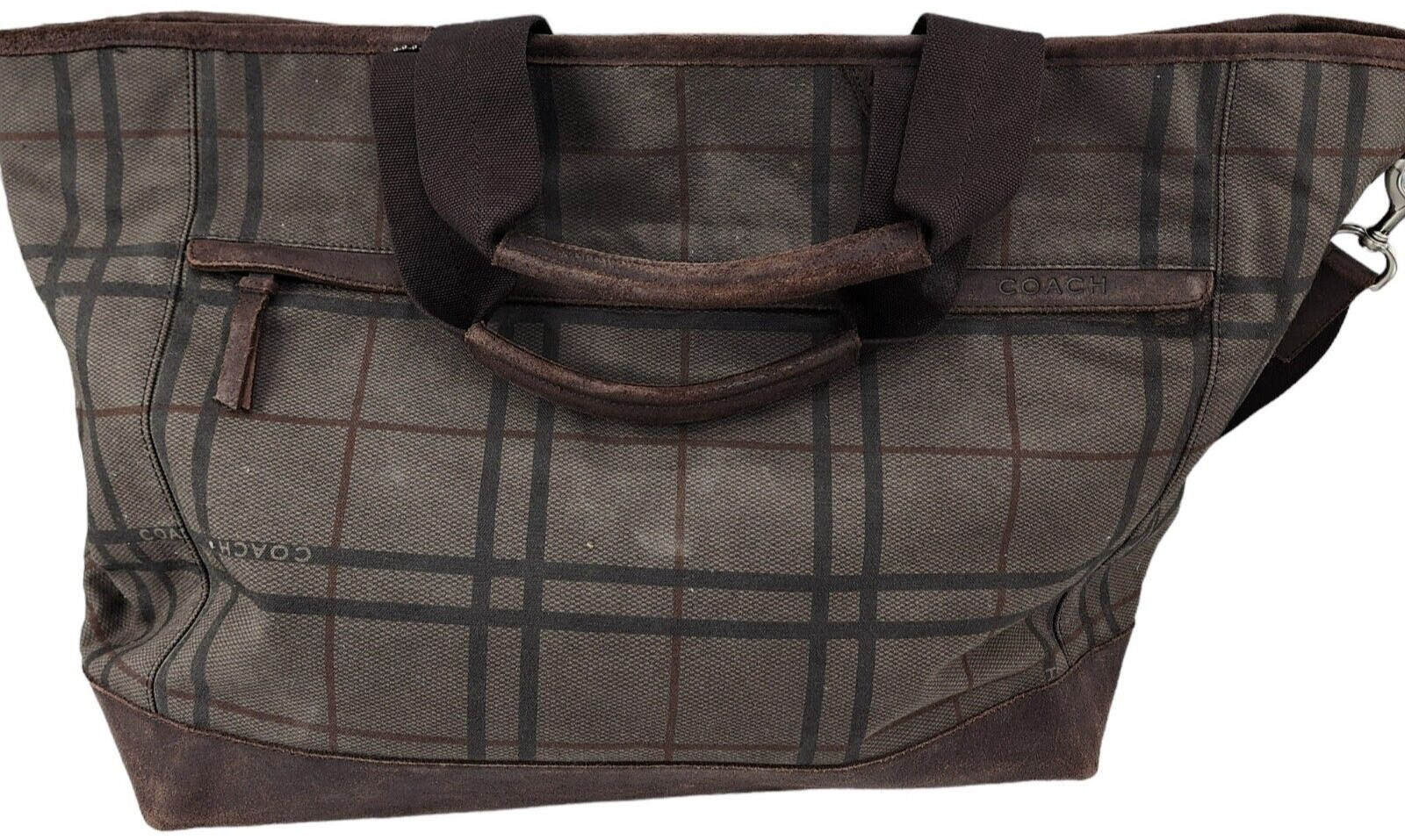 COACH Camden Brown Plaid Fatigue Canvas Tatersall Tote Weekend Travel Bag
